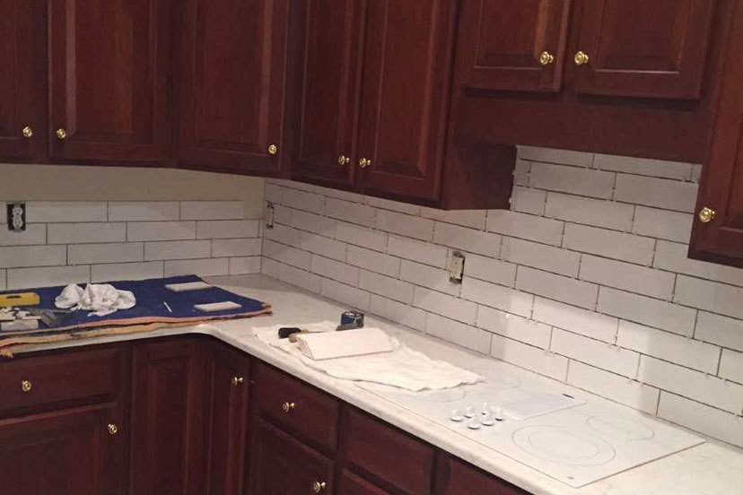Quartz countertop with tile backsplash